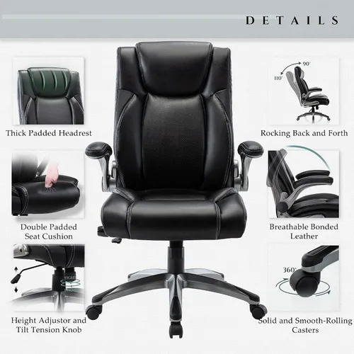 Vista 5 de COLAMY Silla de escritorio de oficina, silla ergonómica para computadora con brazos abatibles acolchados y cojín grueso, silla de oficina de cuero