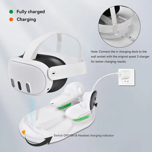 Vista 5 de Lampelc Base de carga para OculusMeta Quest 3, estación de carga rápida de 18 W VR para controladores de auriculares, accesorios, con 2