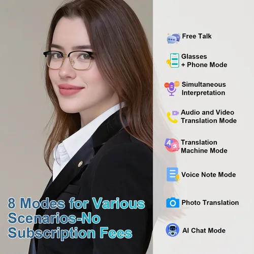 Vista 5 de Gafas inteligentes AI, gafas de audio Bluetooth con traductor en tiempo real para 164 idiomas, sin suscripción para la aplicación, lentes Dorado