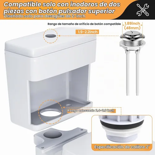 Vista 4 de Kit de repuesto de válvula de descarga doble de 2 pulgadas para inodoros de 2 piezas, kit de reparación universal de inodoro con botón pulsador