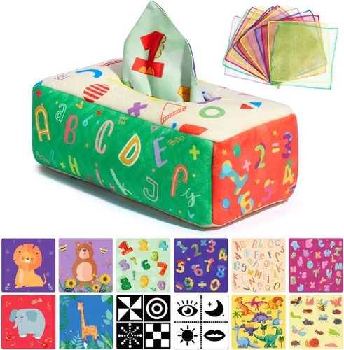 Vista 8 de URMYWO Caja de pañuelos de bebé juguete - Juguetes Montessori para bebés de 6-12 meses 1 año niño niña - Juguetes sensoriales suaves crujientes