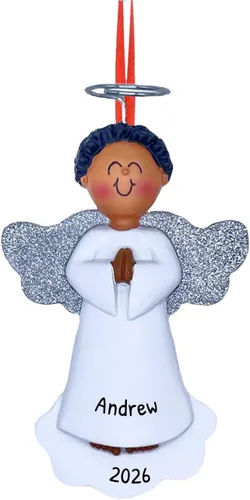 Vista 11 de Adorno de ángel personalizado 2025 – Adorno de ángel bebé rubio para niño, reloj de halo dorado, adornos de Navidad para bebé para alas de árbol