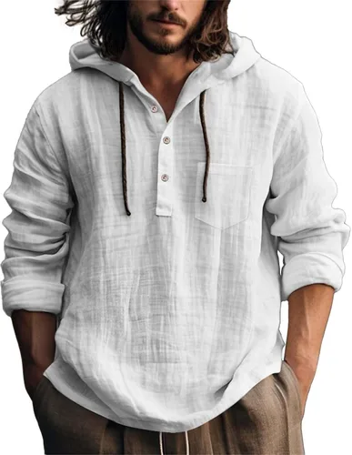 Vista 30 de Camisas de lino para hombre, ligeras, con botones, de manga larga, con capucha, ajuste regular, de algodón, para la playa
