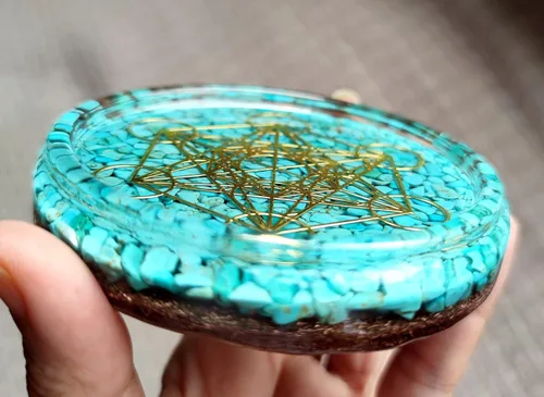 Vista 6 de Grande 4 "cristales turquesas Metatron's Cube Merkaba Coaster Placa de carga de agua Cúpula de energía