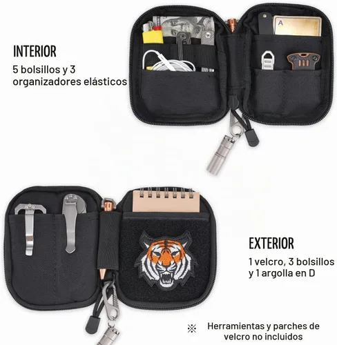 Vista 3 de Sayram Bolsa EDC, organizador de bolsillo, bolsa poderosa para hombres, bolsas EDC con parches, pequeña bolsa de herramientas con anillo en D Negro