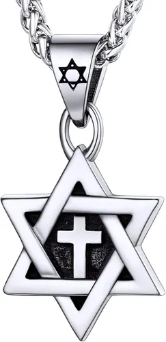 Vista 20 de U7 - Collar con Estrella de David para hombres y mujeres, dije hexagonal de acero inoxidable con cruz/piedra de rubí/collares clásicos judíos