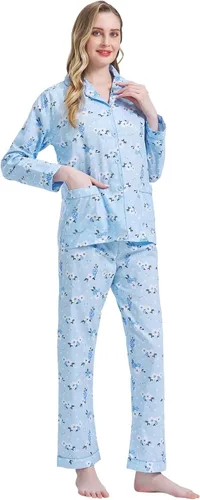 Vista 5 de Amaxer Conjunto de pijama 100% algodón para mujer, de manga larga, suave, con botones, con cordón elástico