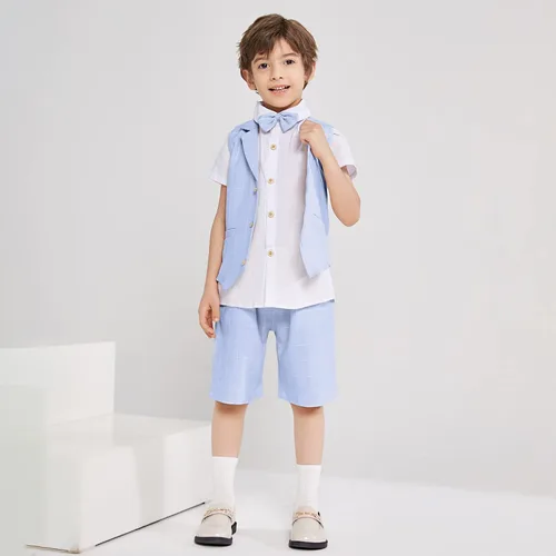 Vista 5 de Traje de verano para niños, ropa de vestir para niños, traje de portador de anillo de boda, 4 piezas, camisa, chaleco y pantalones cortos