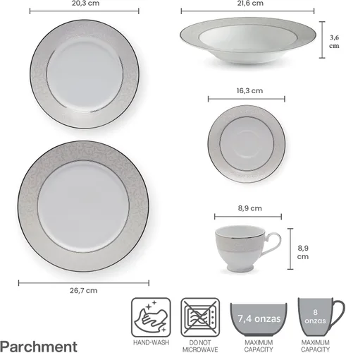 Vista 3 de Mikasa Parchment - Juego de vajilla de 40 piezas, servicio para 8, platos de porcelana duraderos, cuencos y tazas con diseño contemporáneo, apto