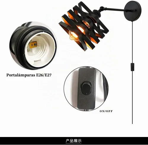 Vista 6 de Lámparas de pared industriales enchufables, accesorios de pared de metal con interruptor de encendido y apagado, lámpara de pared de granja