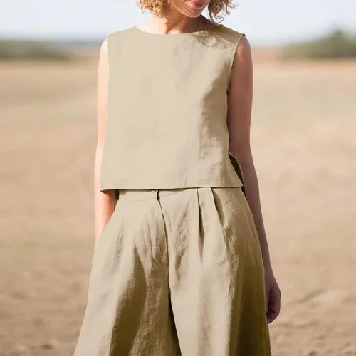 Vista 3 de DUOWEI Overol de pantalón para mujer, para boda, grande, liso, sin mangas, pantalones de algodón y lino, trajes casuales para mujer