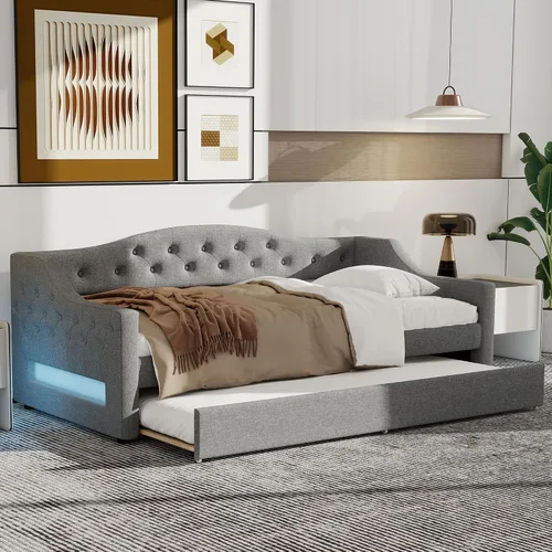 Vista 3 de Cama Diván Moderna Tamaño Twin XL con Cinturón LED y Cama Nido, Marco de Cama Plataforma de Madera con Cabecera Tapizada con Almacenamiento, Sofá