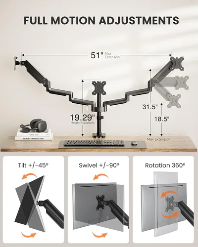Vista 3 de ErGear Soporte de monitor triple para pantallas de 13 a 27 pulgadas, brazos de monitor triple con USB, soporte de tres monitores resistente