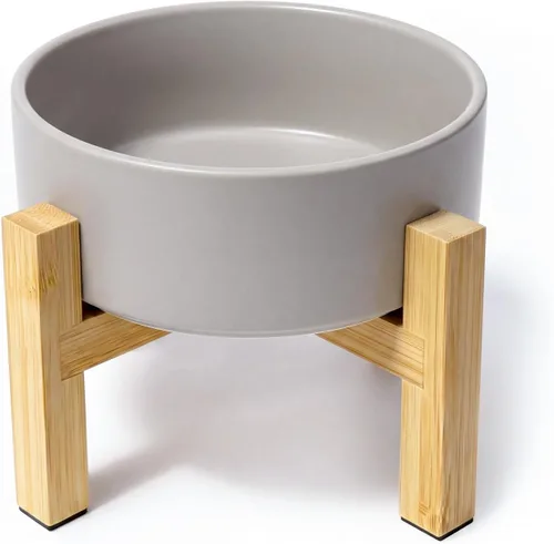 Vista 21 de Cuenco elevado de cerámica para gatos - Cuenco de comida para gatos con soporte de bambú - Plato elevado de comida para perros para cachorros - Verde