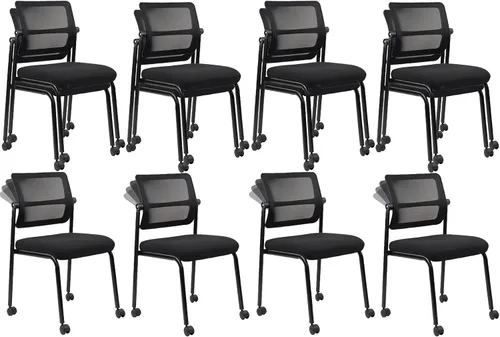 Vista 10 de CLATINA Silla de oficina apilable de malla con ruedas, sin brazos, silla apilable con soporte lumbar ergonómico y cojín de asiento de cuero