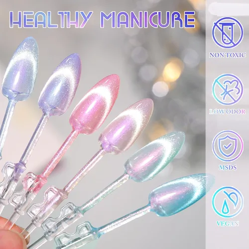 Vista 7 de Double Rhythm Juego de esmaltes de gel de ojo de gato, 6 colores, purpurina brillante con imán, holográfico, reflectante, magnético, UV, kit de arte