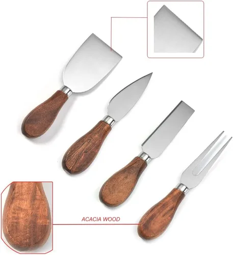 Vista 9 de Exquisito juego de cuchillos de queso de 4 piezas, colección completa de cuchillos de queso de acero inoxidable (mango de madera de acacia), listo
