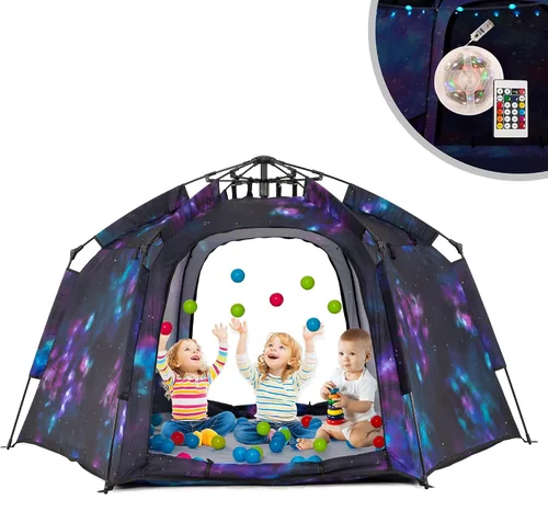 Vista 12 de Tienda de campaña hexagonal portátil para niños con tira de luces LED para interiores, casa de juegos para niños, tienda de campaña de ensueño