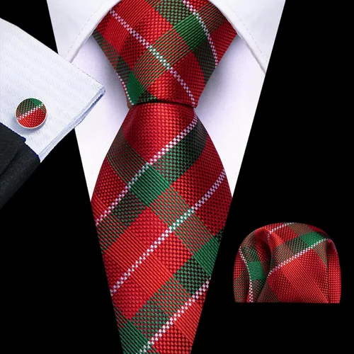 Vista 120 de Barry.Wang Juego de corbatas a cuadros para hombre con pañuelo gemelos de rayas clásicas