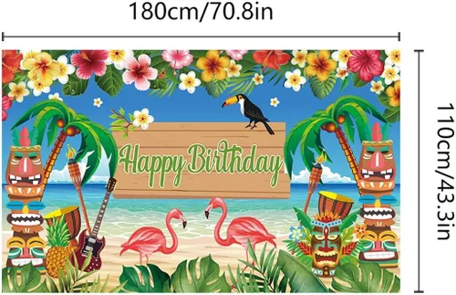 Vista 5 de KYMY Cartel grande hawaiano de Luau con texto en inglés "Happy Birthday", cartel de cumpleaños floral de verano con flamenco tropical de 70.8 x 43.3
