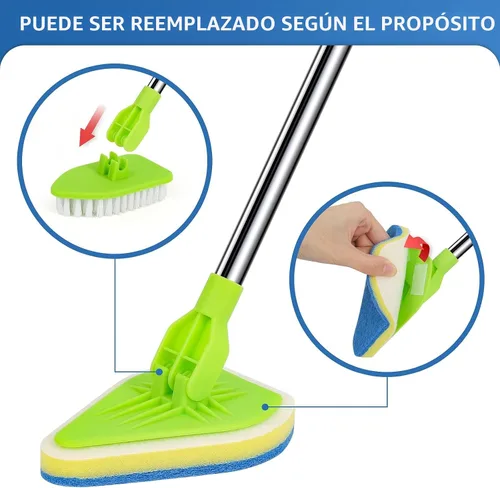 Vista 2 de Cepillo de Limpieza de Fregado 2 en 1 con mango extensible de 37 pulgadas de largo, 1 cerdas rígidas y 3 cepillos de esponja, limpiador de ducha