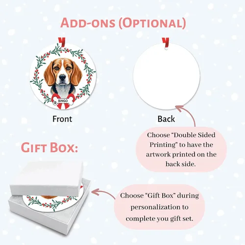 Vista 4 de Adorno de Navidad personalizado de Beagle, adorno personalizado con nombre de mascota, regalos para los amantes de los perros Beagle, decoración