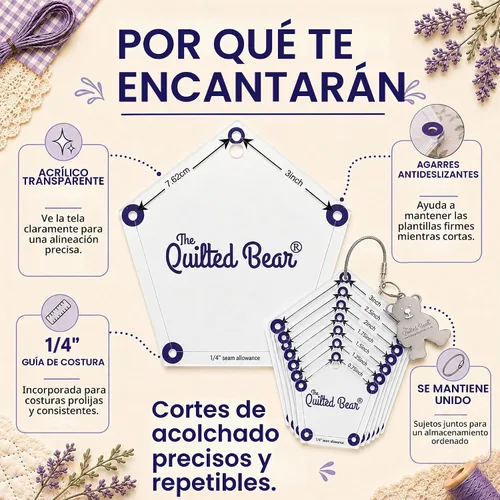 Vista 5 de Las plantillas de acolchado hexagonal de The Quilted Bear – 8 plantillas de acolchado de acrílico transparente antideslizante para corte preciso