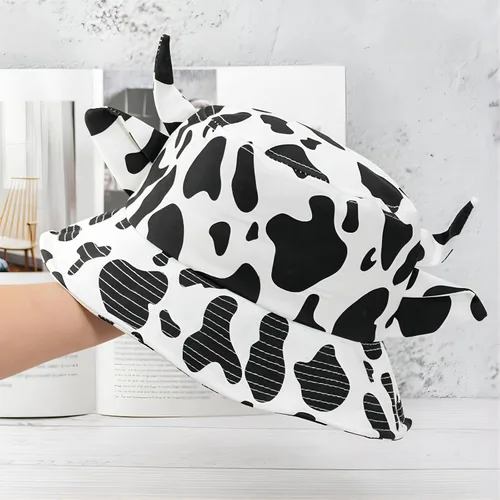 Vista 6 de Sombrero de pescador con estampado de vaca con orejas de cuerno lindas con estampado de vaca, sombrero de sol de playa de verano, sombrero