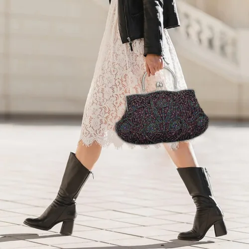 Vista 5 de Bolso de mano de noche con cuentas vintage para mujer, diseño vintage, lentejuelas, floral, asa superior, bolso de fiesta, boda, cartera, Púrpura