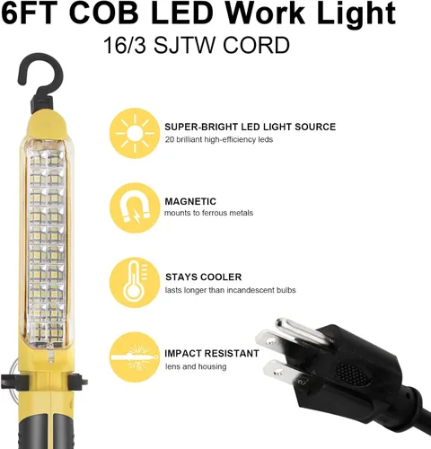 Vista 5 de Luz LED de Trabajo con Fuente de Luz LED COB Súper Brillante de 20, Luces de Trabajo Portátiles con Cable con Imán Fuerte, Gancho Giratorio Doble