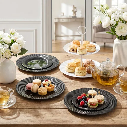 Vista 2 de WELLIFE 100Pcs Black Plastic Plates For Party, Black Disposable Plates Include 50 Dessert Plates and 50 Dinner Plates For Wedding, Birthday