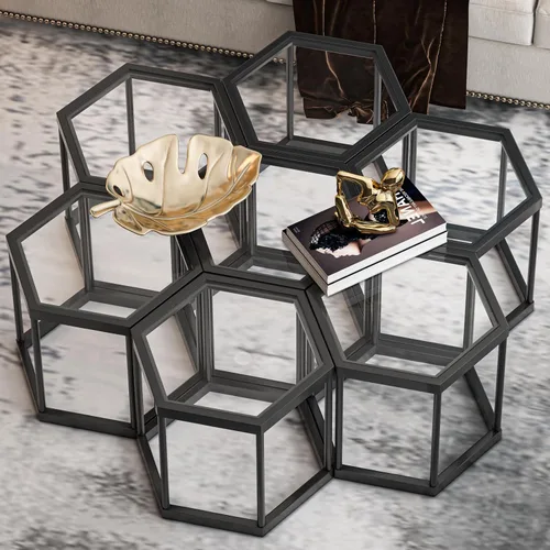 Vista 6 de Mesa de centro moderna de cristal, mesa de centro de cristal combinada, sin hexágonos, mesas auxiliares pequeñas con marco de metal para sala