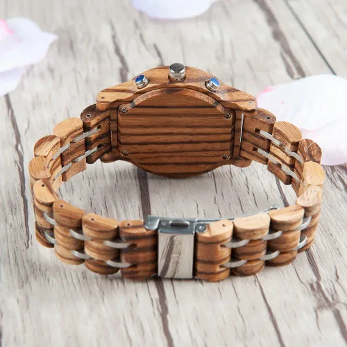Vista 4 de BOBO BIRD Relojes de madera para mujer, correa de metal de madera de lujo, cronógrafo y visualización de fecha, reloj de cuarzo, moda de cebra