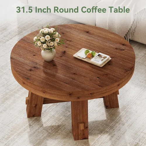 Vista 5 de Mesa auxiliar redonda de 31.5 pulgadas, mesa central de madera maciza con mesa gruesa (marrón claro)