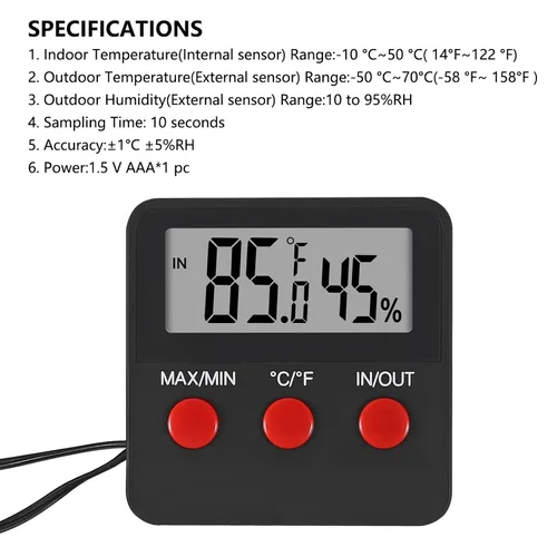 Vista 4 de Termómetro digital y termómetros de humedad para interiores y exteriores, medidor digital de temperatura e higrómetro con sonda para terrario