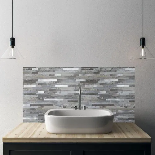 Vista 6 de AULIGET - 20 láminas de azulejos de pared de PVC autoadhesivos con aspecto de madera desgastada, para salpicadero de cocina Madera vintage + metal