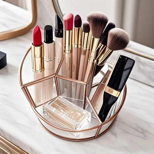 Vista 5 de Soporte para brochas de maquillaje giratorio de 360°, organizador de maquillaje, bandeja de perfume, organizador de baño y almacenamiento