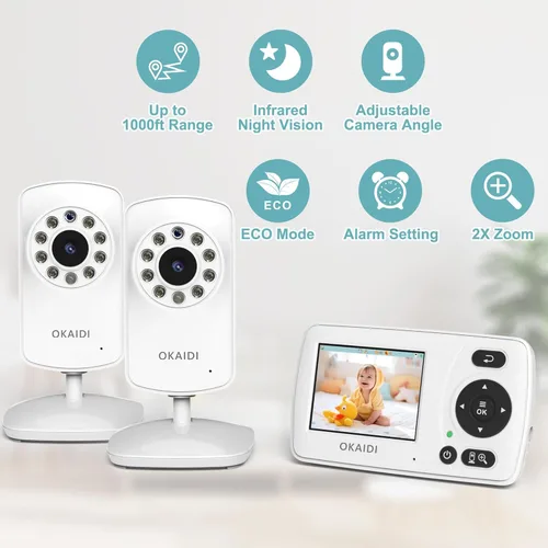 Vista 2 de OKAIDI Monitor de video para bebés con 2 cámaras, pantalla de viaje portátil de 2.4 pulgadas, transmisión de largo alcance de 1000 pies, monitor