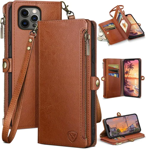 Vista 8 de XcaseBar Funda tipo cartera compatible con iPhone 13 Pro de 6.1 pulgadas con cremallera y tarjetero de crédito con bloqueo RFID, funda de piel