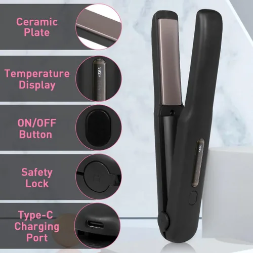 Vista 9 de Gosect Plancha de pelo inalámbrica, mini plancha plana de viaje recargable para mujeres, alisador y rizador de pelo portátil 2 en 1, calentamiento