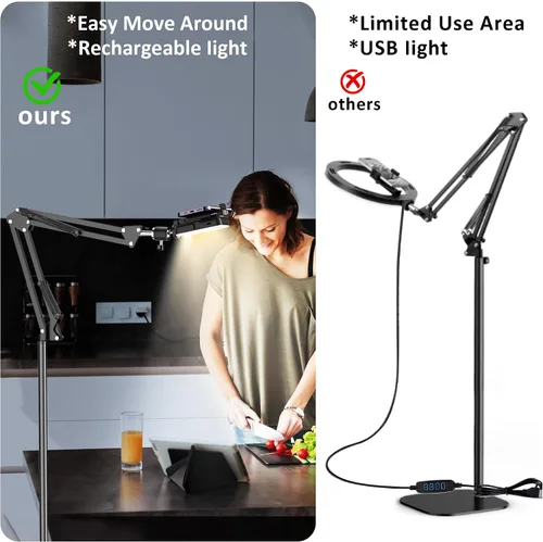 Vista 3 de Trípode para teléfono con luz recargable para cocinar videos, soporte de teléfono móvil con anillo de luz, creador de contenido, grabación de video