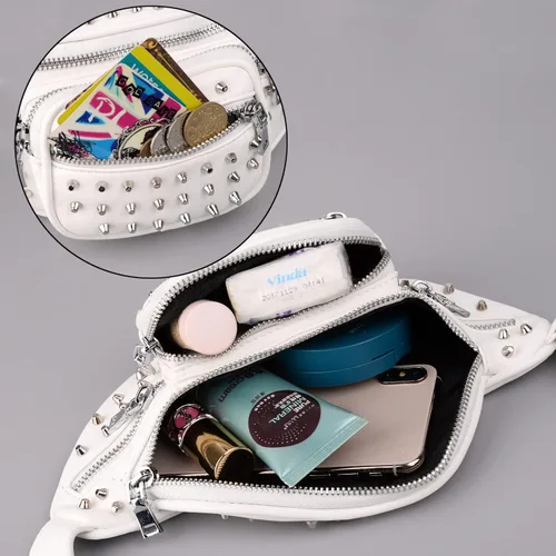 Vista 9 de UTO Fanny-Pack-for-Women's - Riñonera vegana de cuero con remaches tachuelas, ligera, con cremallera, bolsillo al hombro, 0879 Negro