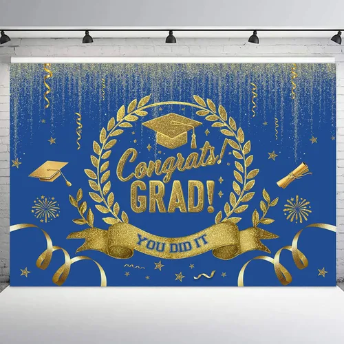 Vista 9 de Telón de fondo de graduación de 5 x 3 pies para sesión de fotos, globos negros y dorados, felicitaciones, graduados, clase de 2025, felicitaciones