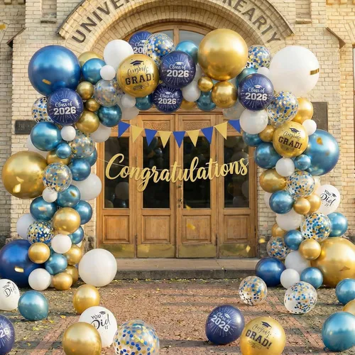 Vista 7 de Globos de graduación azules y dorados, 60 globos impresos con texto en inglés "Felicitaciones", 12 pulgadas, azul marino, blanco, azul, metálico