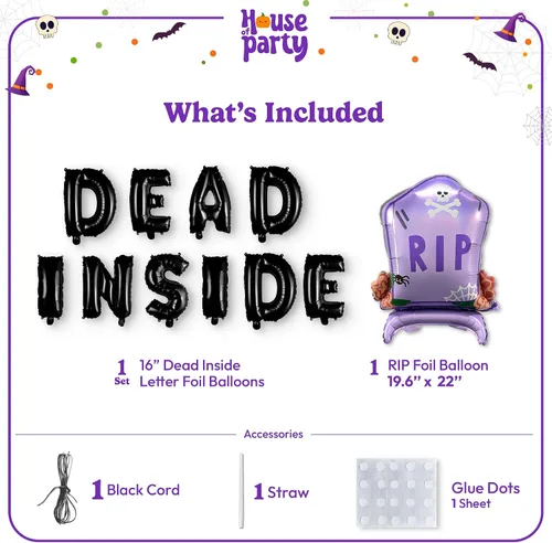 Vista 2 de HOUSE OF PARTY Globos de aluminio de Halloween de 22 pulgadas – Globos de letras «DEAD INSIDE» para decoraciones de cementerio – Globo de aluminio