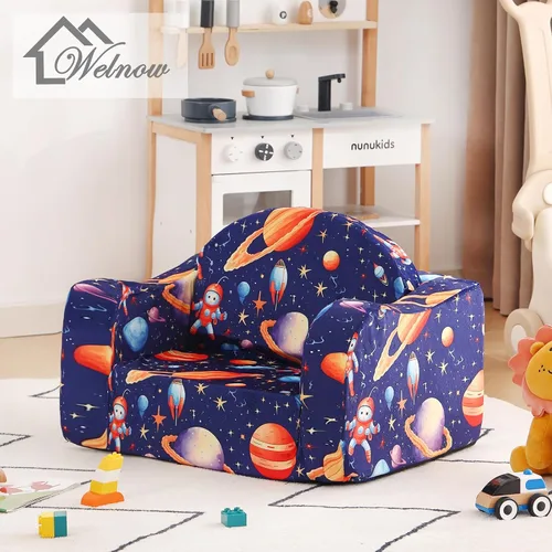 Vista 7 de Welnow Sofá infantil 2 en 1, silla convertible para niños, sofá abatible para niños con reposabrazos ondulados, sofá plegable para juegos para niños