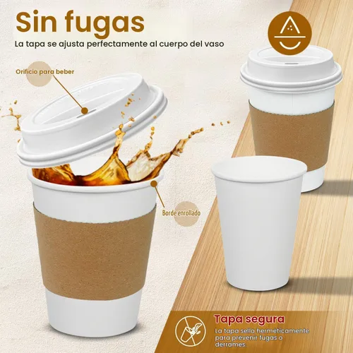 Vista 3 de Ginkgo Paquete de 100 Tazas de Café de Papel Engrosado de 8 oz con Tapas y Fundas Blancas, Tazas de Café Desechables para Llevar para Café Espresso