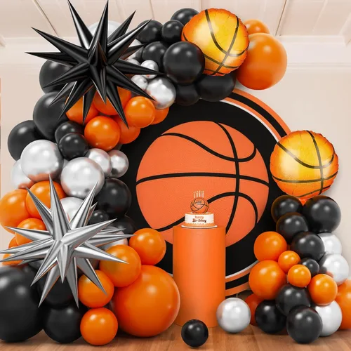 Vista 7 de Kit de guirnalda de arco de globos de baloncesto, 97 piezas de 18, 10, 5 pulgadas, globos de baloncesto negros y naranjas con globos de aluminio
