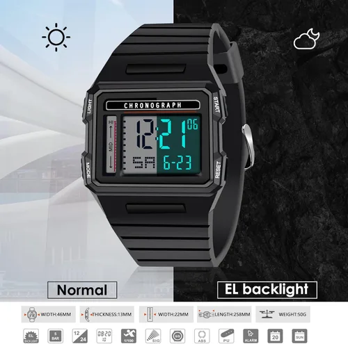 Vista 3 de CakCity Reloj deportivo digital para hombre, pantalla LED, esfera grande, militar, cuadrado, impermeable, casual, luminoso, cronómetro, alarma