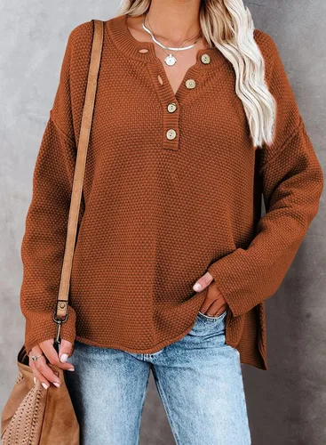 Vista 2 de Pink Queen Suéter de punto con cuello en V para mujer, de gran tamaño, manga larga tipo murciélago, estilo Henley